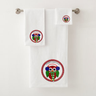 Santa Claus Owl with a scarf and blue ear muffs Bath Towel Set