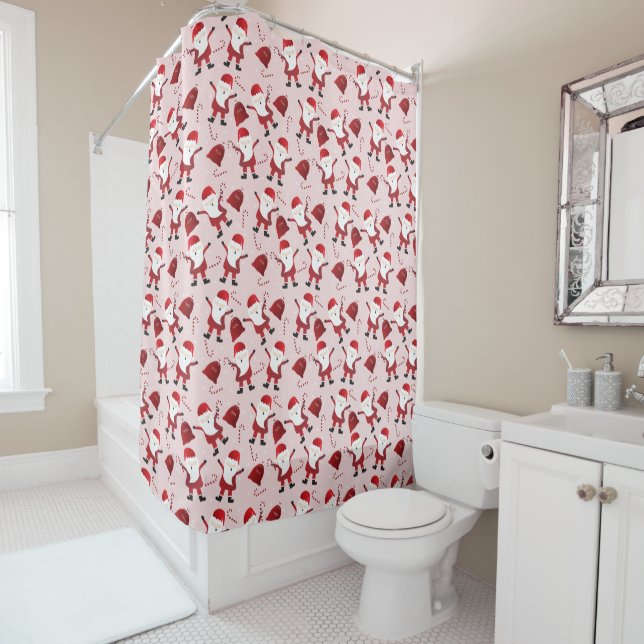 Santa Claus Pattern Candy Canes Snowflakes Red Shower Curtain (In Situ)