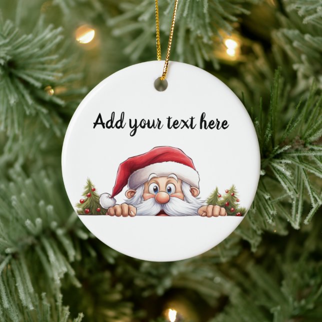 Santa Claus Peeking Christmas Tree Ceramic Ornament (Tree)