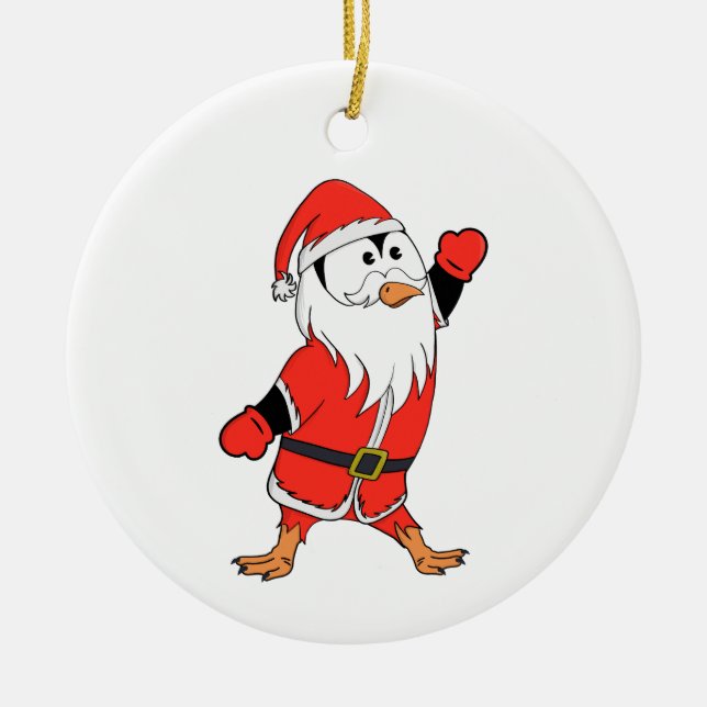 Santa Claus Penguin Ready for Christmas Ceramic Ornament (Front)