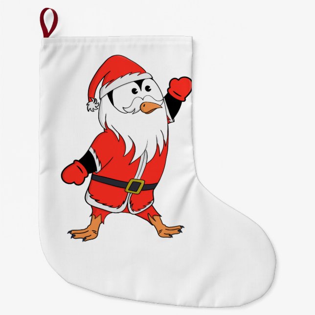 Santa Claus Penguin Ready for Christmas Large Christmas Stocking (Front)
