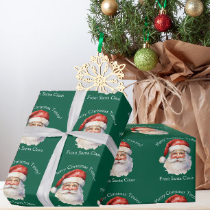 Santa Claus Personalised Green Kids Christmas Wrapping Paper