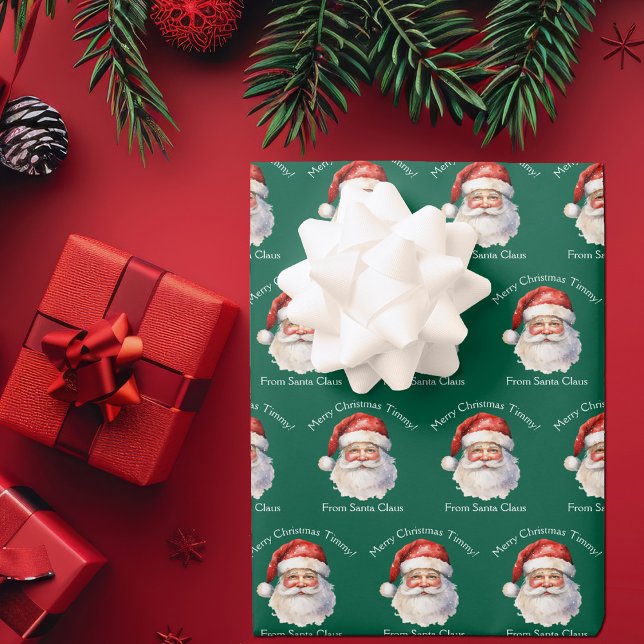 Santa Claus Personalised Green Kids Christmas Wrapping Paper Sheet (Creator Uploaded)