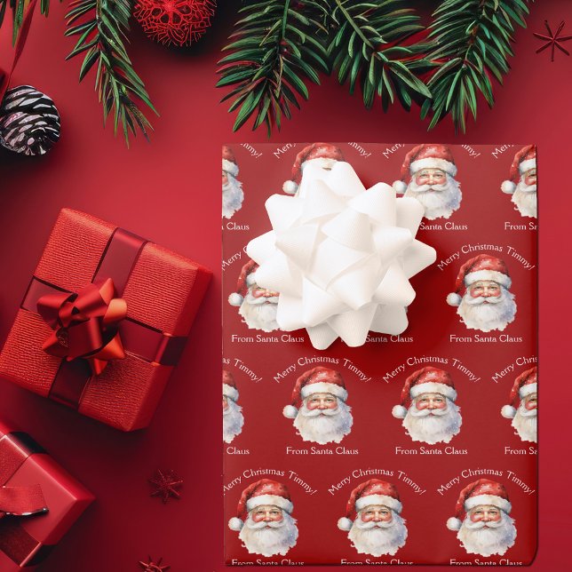 Santa Claus Personalised Red Kids Christmas Wrapping Paper Sheet (Creator Uploaded)