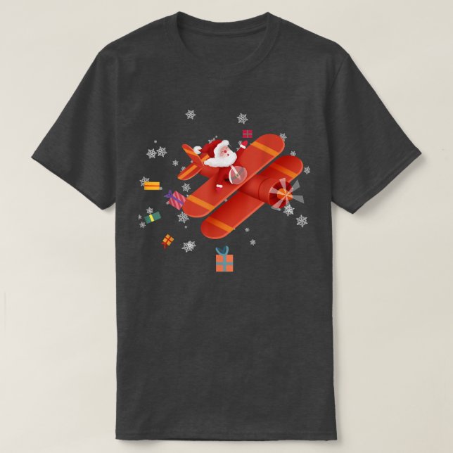Santa Claus Pilot Flying Aeroplane Merry Christmas T-Shirt (Design Front)