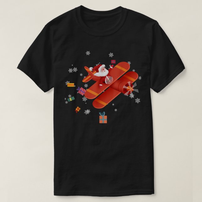 Santa Claus Pilot Flying Aeroplane Merry Christmas T-Shirt (Design Front)