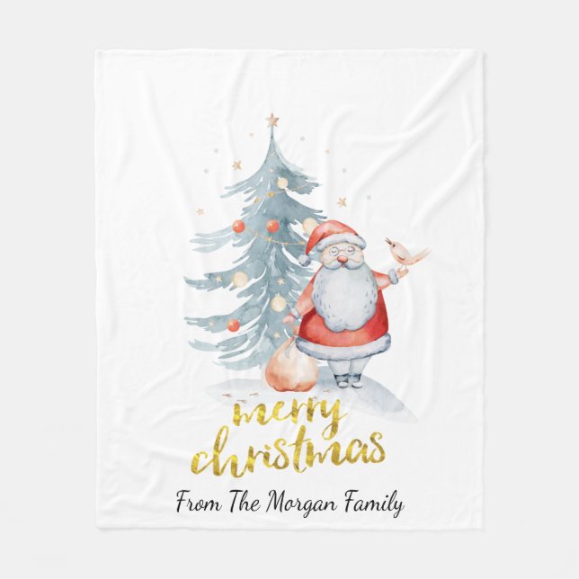 Santa Claus Pine Tree Christmas Fleece Blanket (Front)
