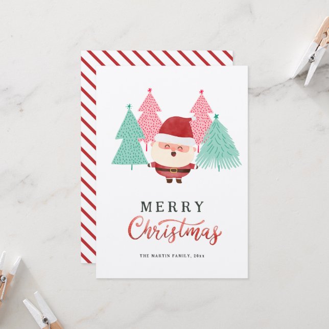 Santa Claus Pine Tree Christmas Holiday Card (Front/Back In Situ)