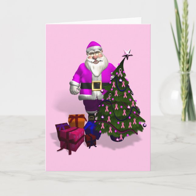 Santa Claus Pink Ribbons Holiday Card (Front)