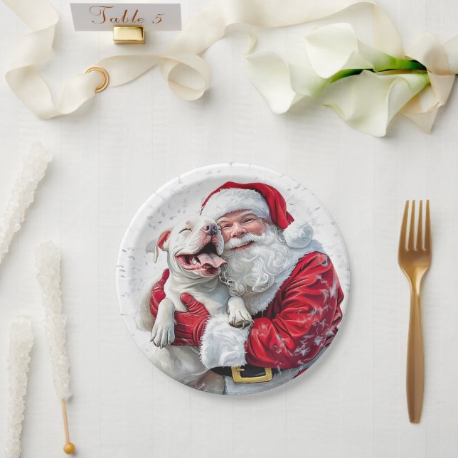 Santa Claus & Pitbull Puppy Dog, Paper Plate (Wedding)
