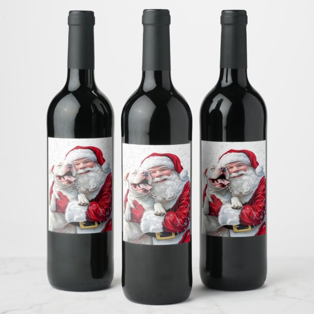 Santa Claus & Pitbull Puppy Dog Wine Label (Bottles)