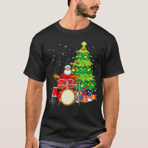 Santa Claus Play Drums Nearby Christmas Tree Funny T-Shirt