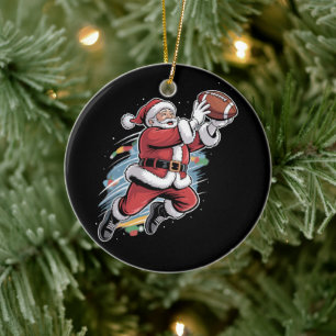 Santa Claus Playing American Football Christmas  Ceramic Ornament
