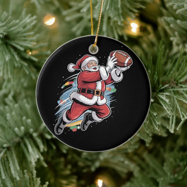 Santa Claus Playing American Football Christmas  Ceramic Ornament (Tree)