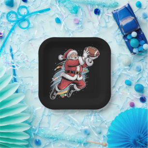 Santa Claus Playing American Football Christmas Paper Plate