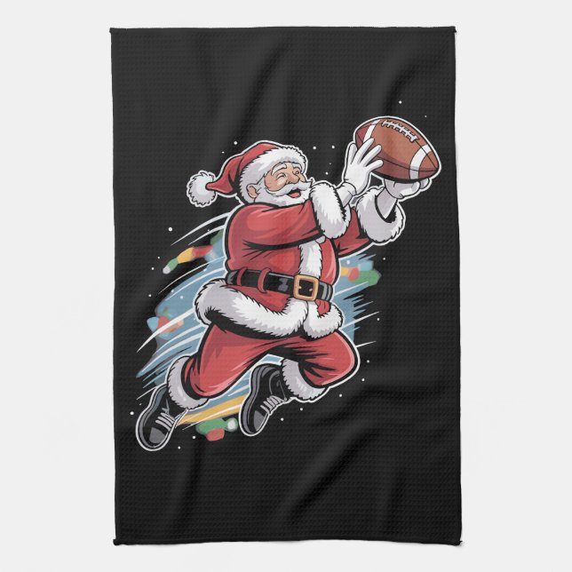 Santa Claus Playing American Football Christmas  Tea Towel (Vertical)