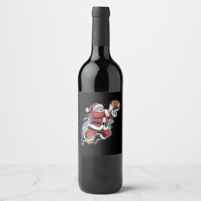 Santa Claus Playing American Football Christmas  Wine Label (Front)