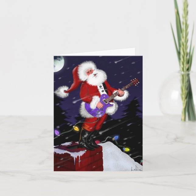 Santa Claus Playing Electric Guitar Holiday Card (Front)