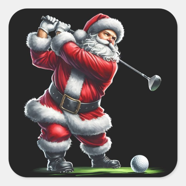 Santa Claus Playing Golf on a Festive Winter Day Square Sticker (Front)