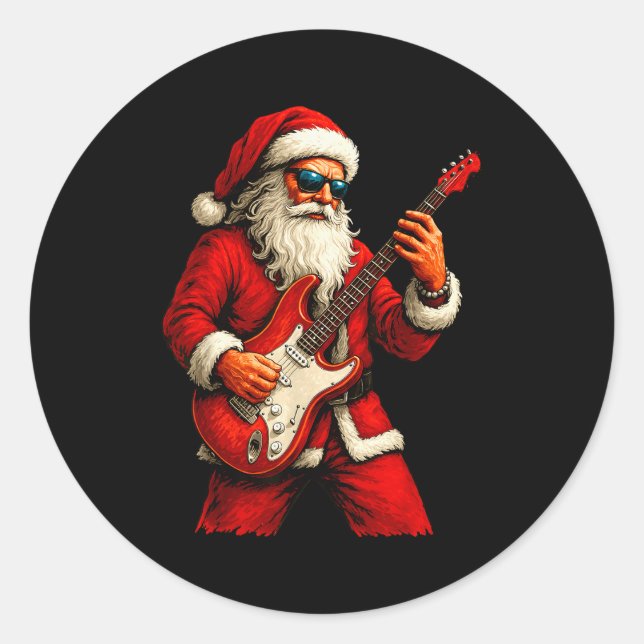 Santa Claus Playing Guitar Funny Christmas Rock Gu Classic Round Sticker (Front)