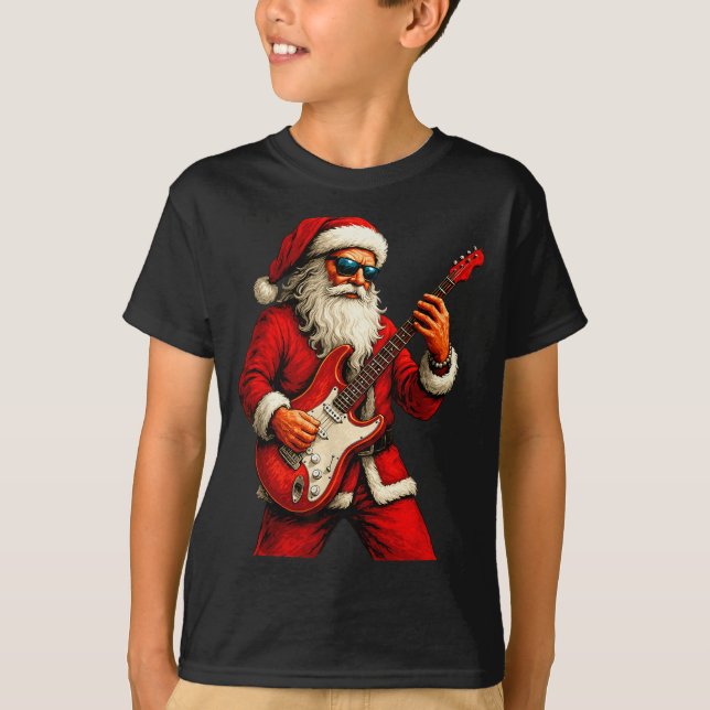Santa Claus Playing Guitar Funny Christmas Rock Gu T-Shirt (Front)