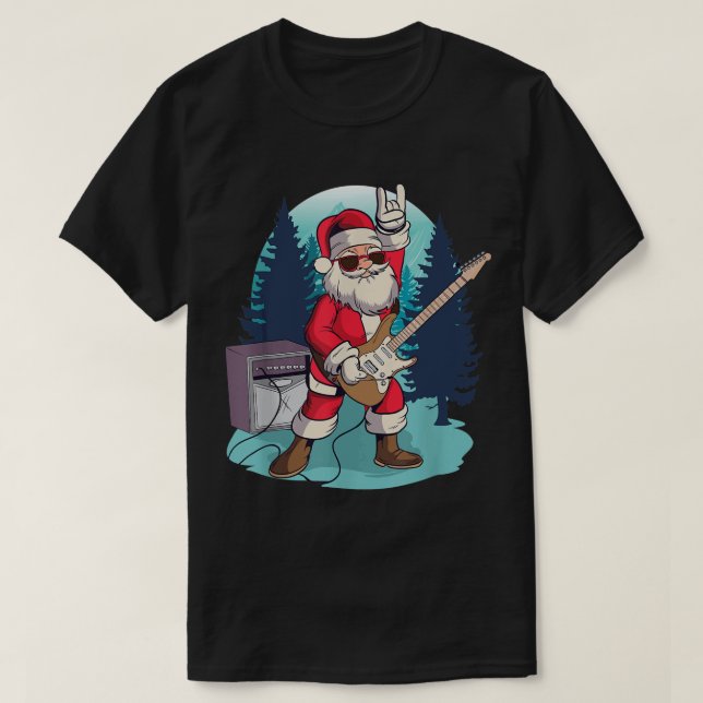 Santa Claus playing Guitar Funny Rock Christmas Mu T-Shirt (Design Front)
