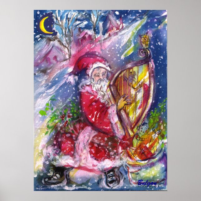 SANTA CLAUS PLAYING HARP IN MOONLIGHT Christmas Poster (Front)