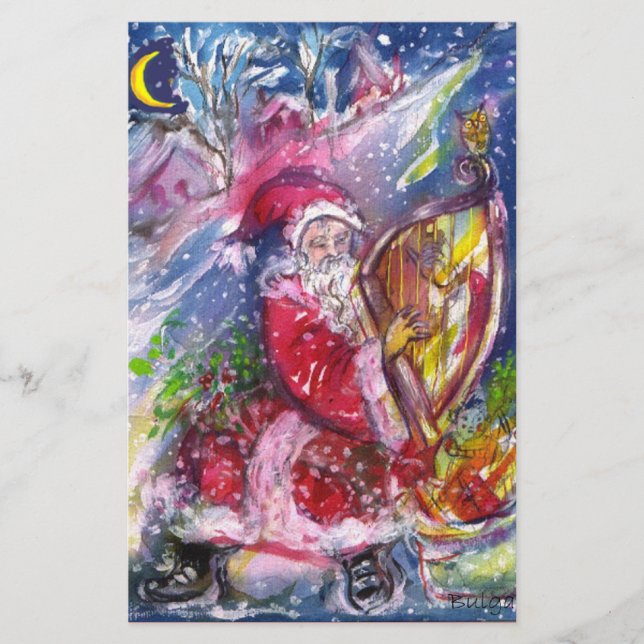 SANTA CLAUS PLAYING HARP IN MOONLIGHT Christmas Stationery (Front)