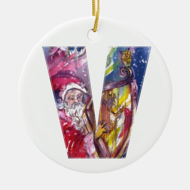SANTA CLAUS PLAYING HARP IN THE MOONLIGHT CERAMIC ORNAMENT (Front)