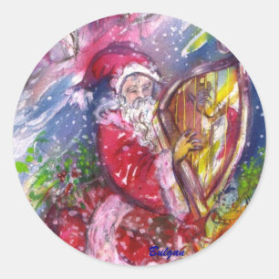 SANTA CLAUS PLAYING HARP IN THE MOONLIGHT CLASSIC ROUND STICKER