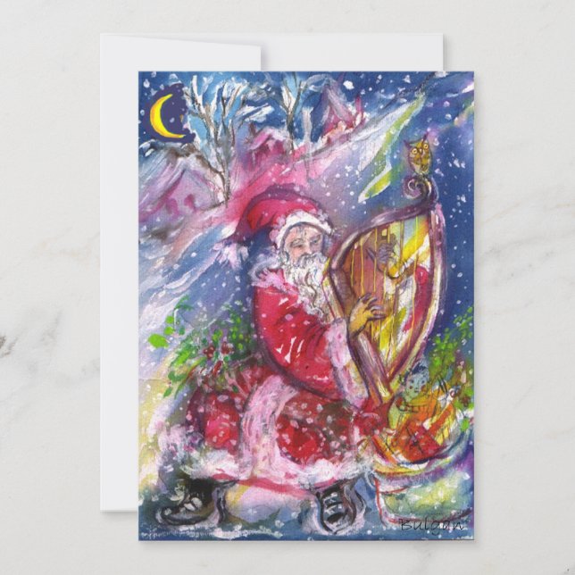 SANTA CLAUS PLAYING HARP IN THE MOONLIGHT HOLIDAY CARD (Front)