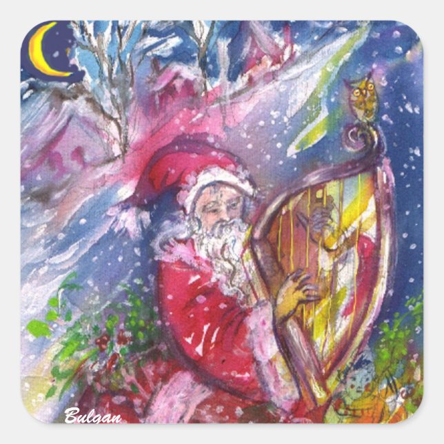 SANTA CLAUS PLAYING HARP IN THE MOONLIGHT SQUARE STICKER (Front)