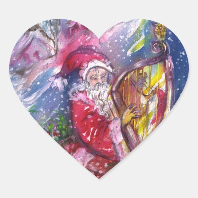 SANTA CLAUS PLAYING HARP IN THE MOONLIGHT Xmas Heart Sticker (Front)