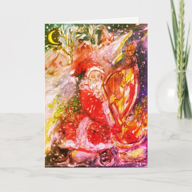 SANTA CLAUS PLAYING HARP Musical Christmas Night Holiday Card (Front)