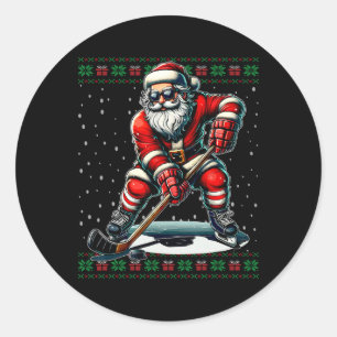 Santa Claus Playing Hockey Ugly Christmas Sweater  Classic Round Sticker