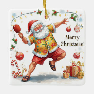 Santa Claus playing ping pong in a Hawaiian shirt Ceramic Ornament