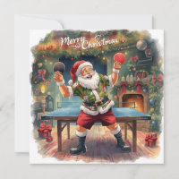 Santa Claus playing ping pong in a Hawaiian shirt