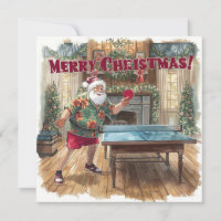 Santa Claus playing ping pong in a Hawaiian shirt