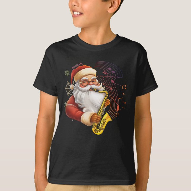 Santa Claus Playing Saxophone Musical Musician Chr T-Shirt (Front)