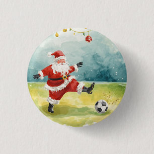 Santa Claus playing Soccer Christmas field 3 Cm Round Badge