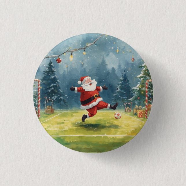 Santa Claus playing Soccer Christmas field  3 Cm Round Badge (Front)