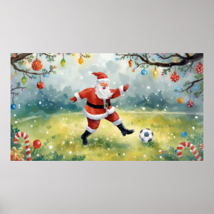 Santa Claus playing Soccer Christmas field Poster