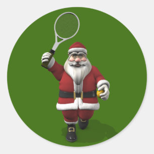 Santa Claus Playing Tennis Classic Round Sticker