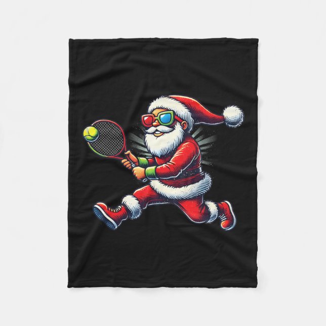 Santa Claus Playing Tennis Game Tennis Racket Chri Fleece Blanket (Front)