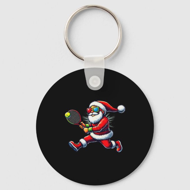 Santa Claus Playing Tennis Game Tennis Racket Chri Key Ring (Front)