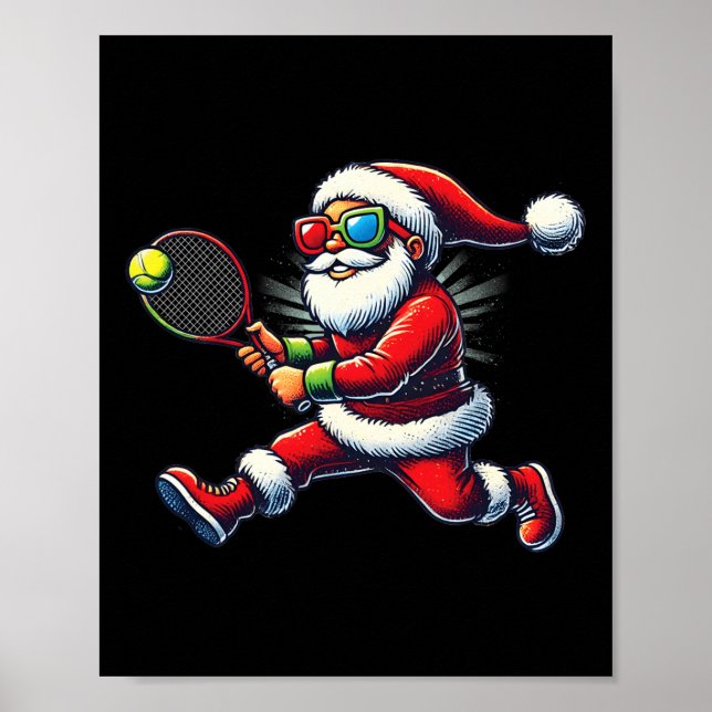 Santa Claus Playing Tennis Game Tennis Racket Chri Poster (Front)