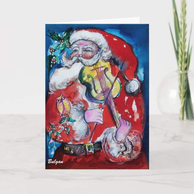 SANTA CLAUS PLAYING VIOLIN Christmas Greetings Holiday Card (Front)
