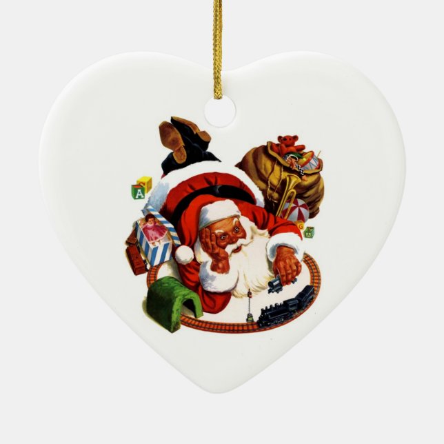 Santa Claus Playing With Trains Ceramic Tree Decoration (Back)
