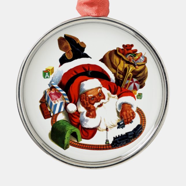 Santa Claus Playing With Trains Metal Tree Decoration (Front)