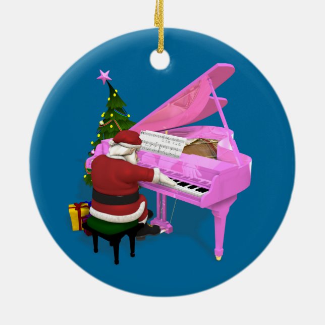 Santa Claus Plays Pink Piano Ceramic Ornament (Back)